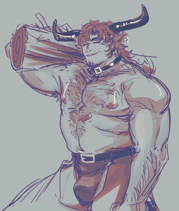 1boy, animal_ears, bara, belly, belt_collar, bulge, carrying_tree, closed_eyes