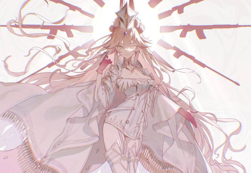 1girl, animal_ear_fluff, animal_ears, breasts, buttons, cleavage, coat, detached_collar