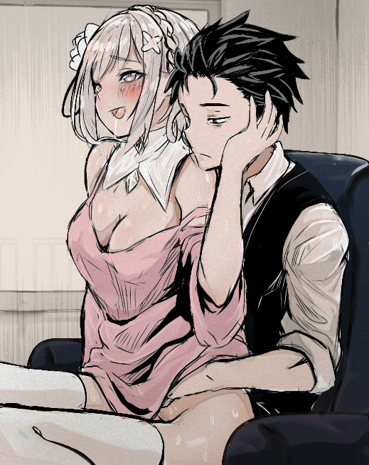 1boy, 1girl, alternate_hairstyle, bare_shoulders, black_hair, blush, braid, breasts