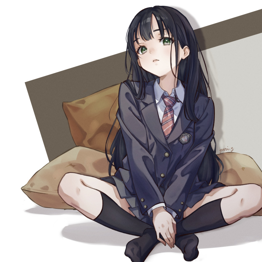 1girl, black_hair, black_socks, blue_jacket, blue_skirt, brown_pillow, diagonal-striped_clothes, diagonal-striped_necktie