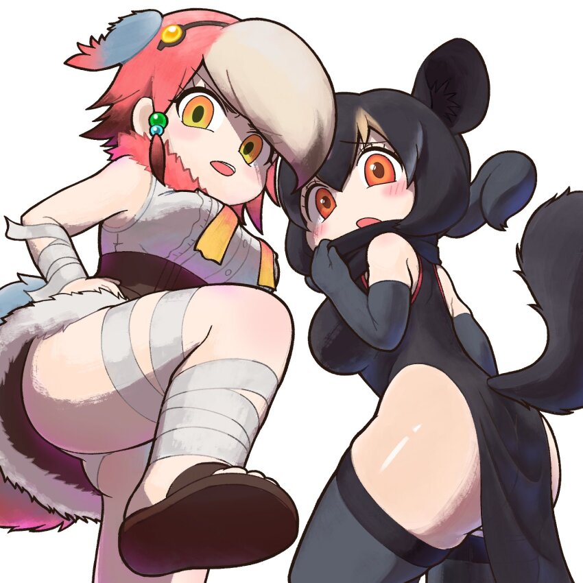 2girls, animal_ears, arm_wrap, aye-aye_(kemono_friends), bare_shoulders, bird_girl, bird_tail, bird_wings