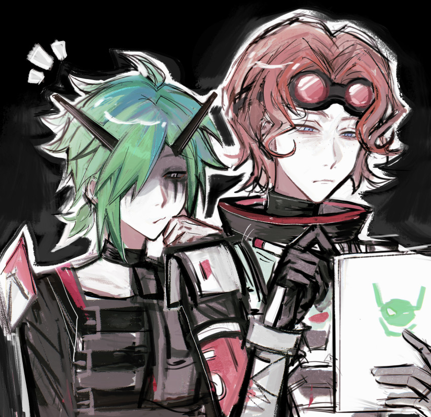 2girls, alter_(apex_legends), animification, apex_legends, black_choker, black_gloves, black_sclera, black_shirt, blue_eyes, brown_hair, chinese_commentary, choker, colored_sclera, freckles, gloves, goggles, goggles_on_head, green_hair, grey_gloves, hair_over_one_eye, highres, holding, holding_pen, horizon_(apex_legends), looking_down, multiple_girls, notice_lines, pen, san_chuo_chuan, shirt, spacesuit, white_eyes