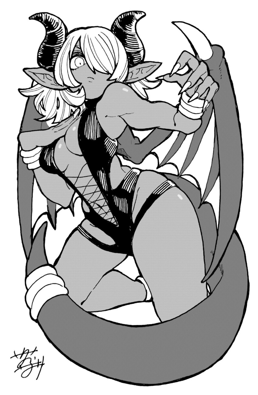 1girl, all_yellow777, hair_over_one_eye, highres, horns, muscular, muscular_female, navel