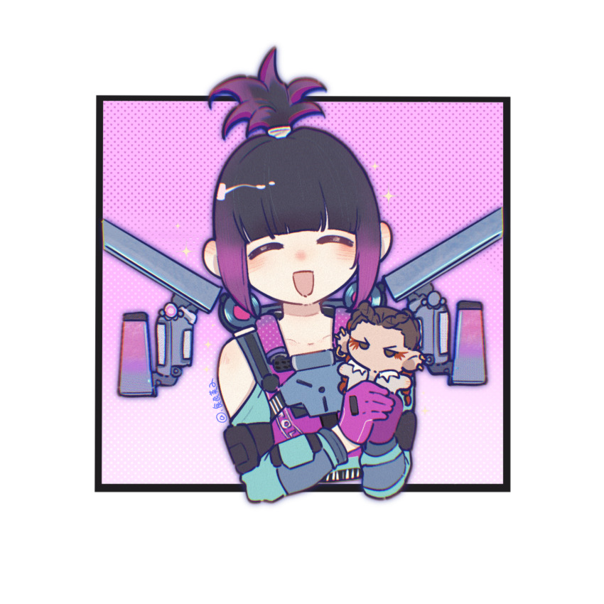 1girl, ^_^, animification, apex_legends, artist_name, black_hair, blue_jacket, blush