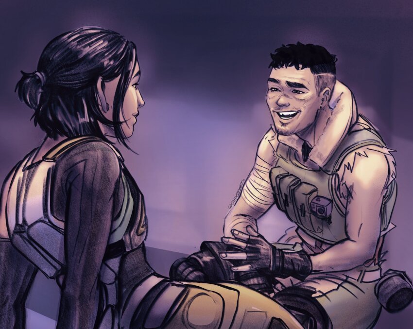 1boy, 1girl, apex_legends, bandaged_arm, bandages, beard_stubble, belt, black_gloves, black_hair, caitycoopscoops, commentary, conduit_(apex_legends), cropped_vest, facial_hair, fingerless_gloves, gloves, green_shorts, green_vest, highres, leaning_back, mechanical_legs, muted_color, octane_(apex_legends), open_mouth, short_hair, shorts, sitting, smile, stubble, untranslatable_commentary, twitter_username, vest, western_comics_(style), white_belt
