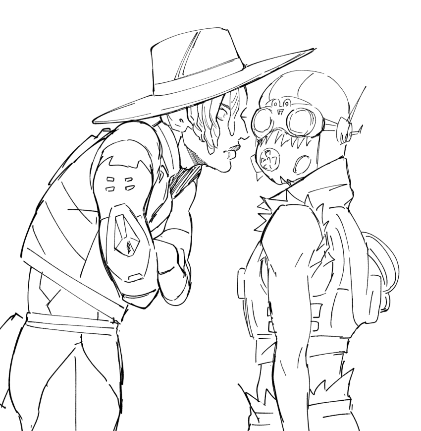 2boys, animification, apex_legends, aviator_cap, belt, cable, confrontation, cropped_vest