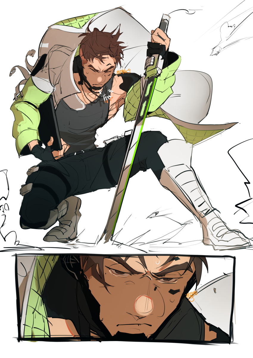 1boy, absurdres, animification, apex_legends, assan_(kagokamisan), biwon_blade, black_gloves, black_pants