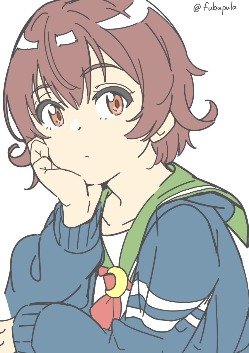 1girl, blue_jacket, brown_hair, crescent, crescent_pin, fubupula, green_sailor_collar, hand_on_own_face