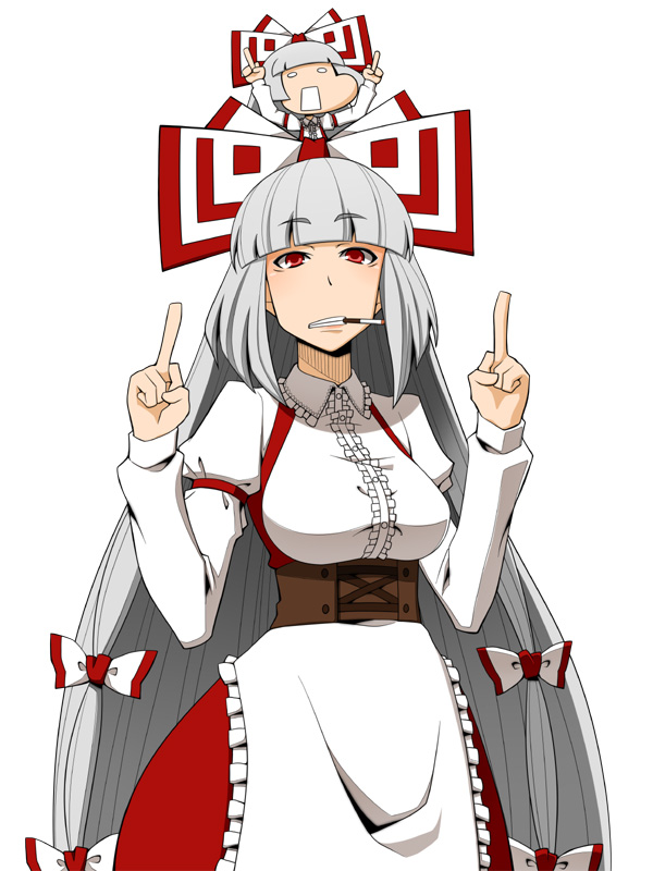 2girls, alternate_costume, apron, azuman, bow, chibi, chibi_inset, cigarette, dual_persona, enmaided, female_focus, fingers_up, fujiwara_no_mokou, hair_bow, long_hair, maid, maid_apron, middle_finger, mini_person, minigirl, multiple_girls, red_eyes, silver_hair, suspenders, touhou
