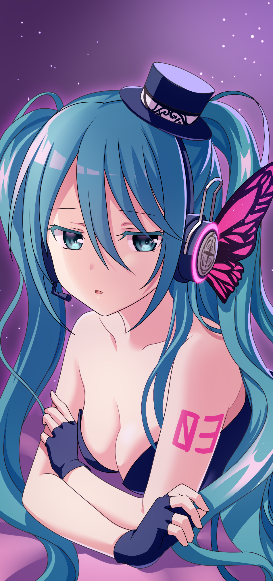 1girl, blue_eyes, blue_hair, breasts, cleavage, colored_eyelashes, crossed_arms, fingerless_gloves