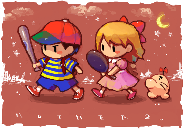 1boy, 1girl, backpack, bag, baseball_bat, baseball_cap, black_eyes, black_hair, blonde_hair, blush_stickers, bow, child, crescent_moon, doseisan, dress, frying_pan, hair_bow, hat, mariko_(leda), moon, mother_(series), mother_2, ness_(mother_2), nintendo, paula_(mother_2), shirt, shoes, shorts, sneakers, star_(symbol), striped_clothes, striped_shirt