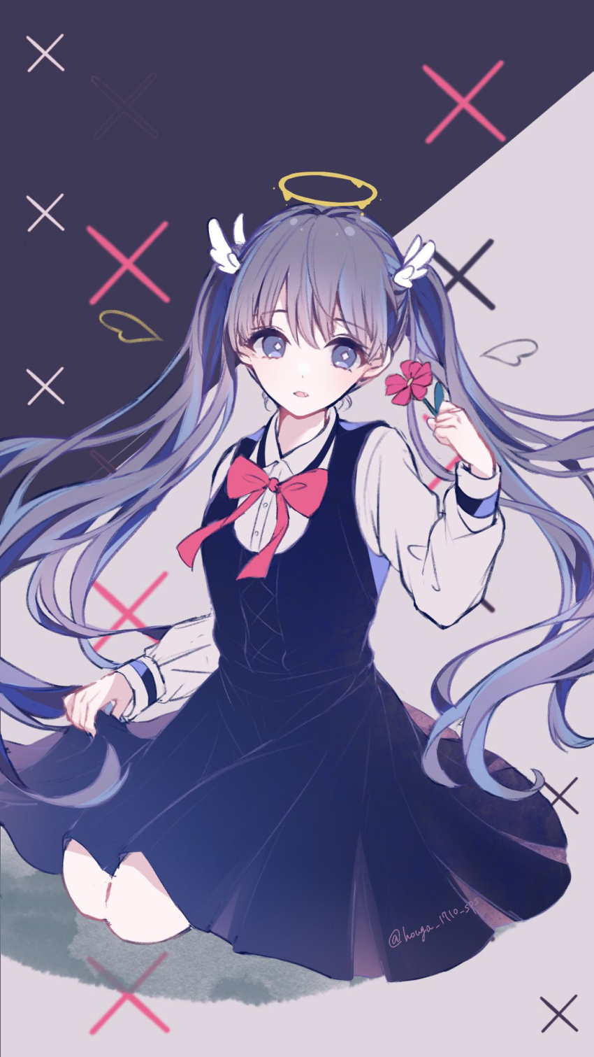 1girl, artist_name, black_dress, black_skirt, collared_shirt, commentary_request, dot_nose, dress, facing_viewer, fang, flower, full_body, grey_background, hair_ornament, halo, hand_up, highres, holding, holding_flower, holding_own_dress, holding_own_skirt, houga_1710_sps, long_hair, long_skirt, long_sleeves, looking_at_flowers, looking_at_object, neck_ribbon, open_mouth, pinafore_dress, pink_flower, purple_background, purple_hair, red_ribbon, ribbon, seiza, shirt, shuuten_no_saki_ga_aru_to_suru_naraba_(tuyu), signature, sitting, skirt, sleeveless, sleeveless_dress, solo, tuyu_(band), twintails, twitter_username, two-tone_background, white_shirt, wing_hair_ornament, wings, wrist_cuffs, x_(symbol), yellow_halo