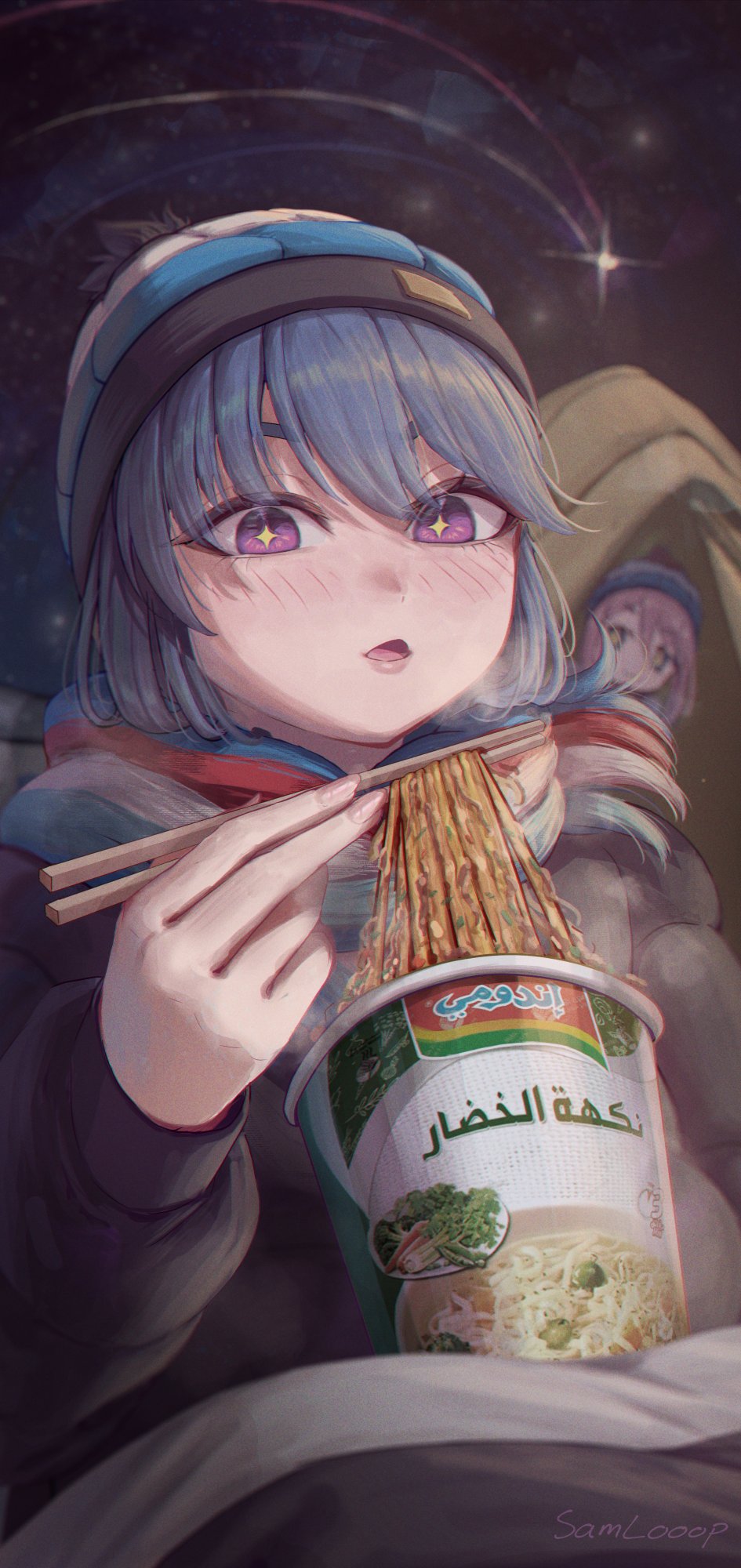 +_+, arabic_text, blue_hair, camping, food, hair_bun, highres, indomie_(brand)