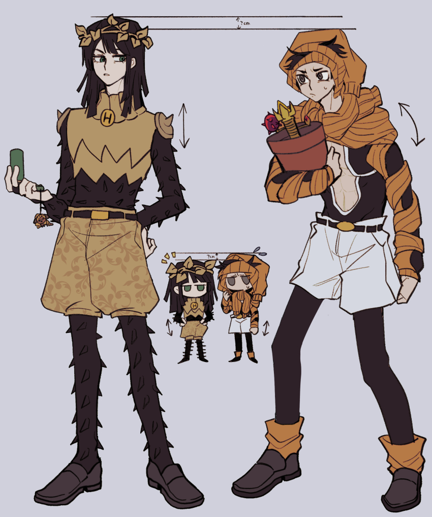 2boys, arrow_(symbol), beanie, black_hair, cellphone, chibi, clothing_cutout, dainenjiyama_aisho, green_eyes, grey_background, hair_ornament, hand_on_own_hip, hat, height_chart, highres, jacket, jojo_no_kimyou_na_bouken, jojolion, leaf_hair_ornament, long_hair, male_focus, multiple_boys, phone, plant, potted_plant, rokakaka, slouching, stomach_cutout, swampland, sweatdrop, tied_jacket, yagiyama_yotsuyu