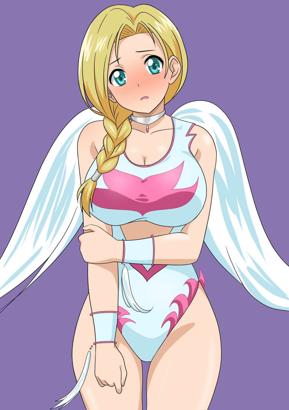1girl, angel_leotard, angel_wings, bianca_(dq5), blonde_hair, blue_eyes, blush, braid