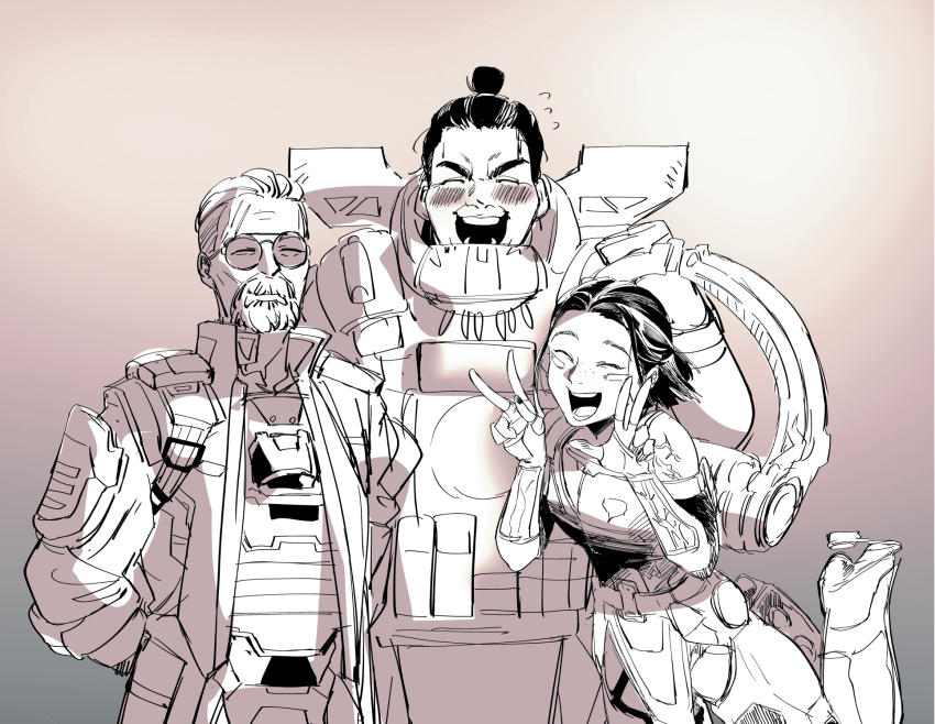 1girl, 2boys, ^_^, animification, apex_legends, armor, ballistic_(apex_legends), blush