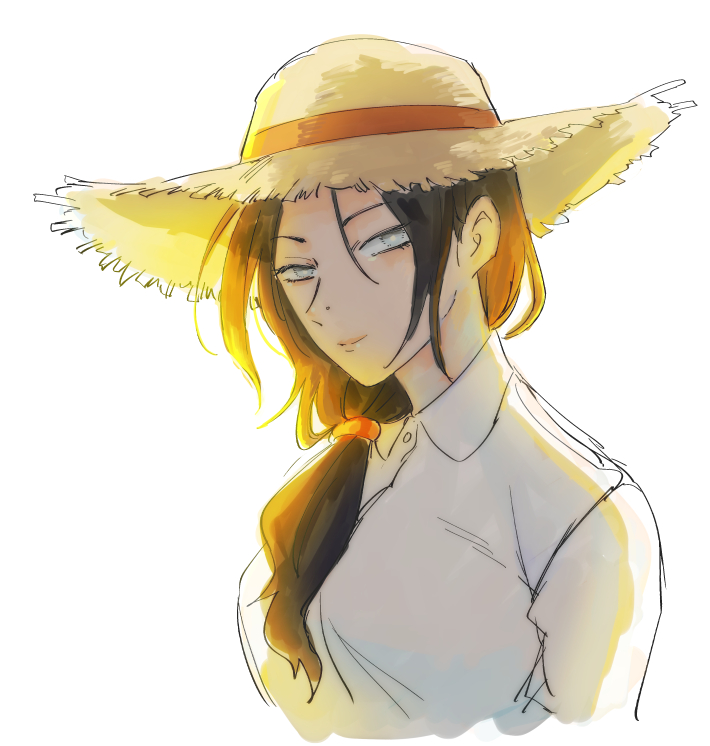 1girl, animification, apex_legends, black_hair, blue_eyes, breasts, brown_hat, collared_shirt, face_piercing, hair_behind_ear, hat, itsuko_(2jdayo), long_hair, looking_at_viewer, medium_breasts, nose_piercing, piercing, portrait, shirt, smile, solo, straw_hat, white_background, white_shirt, wraith_(apex_legends)