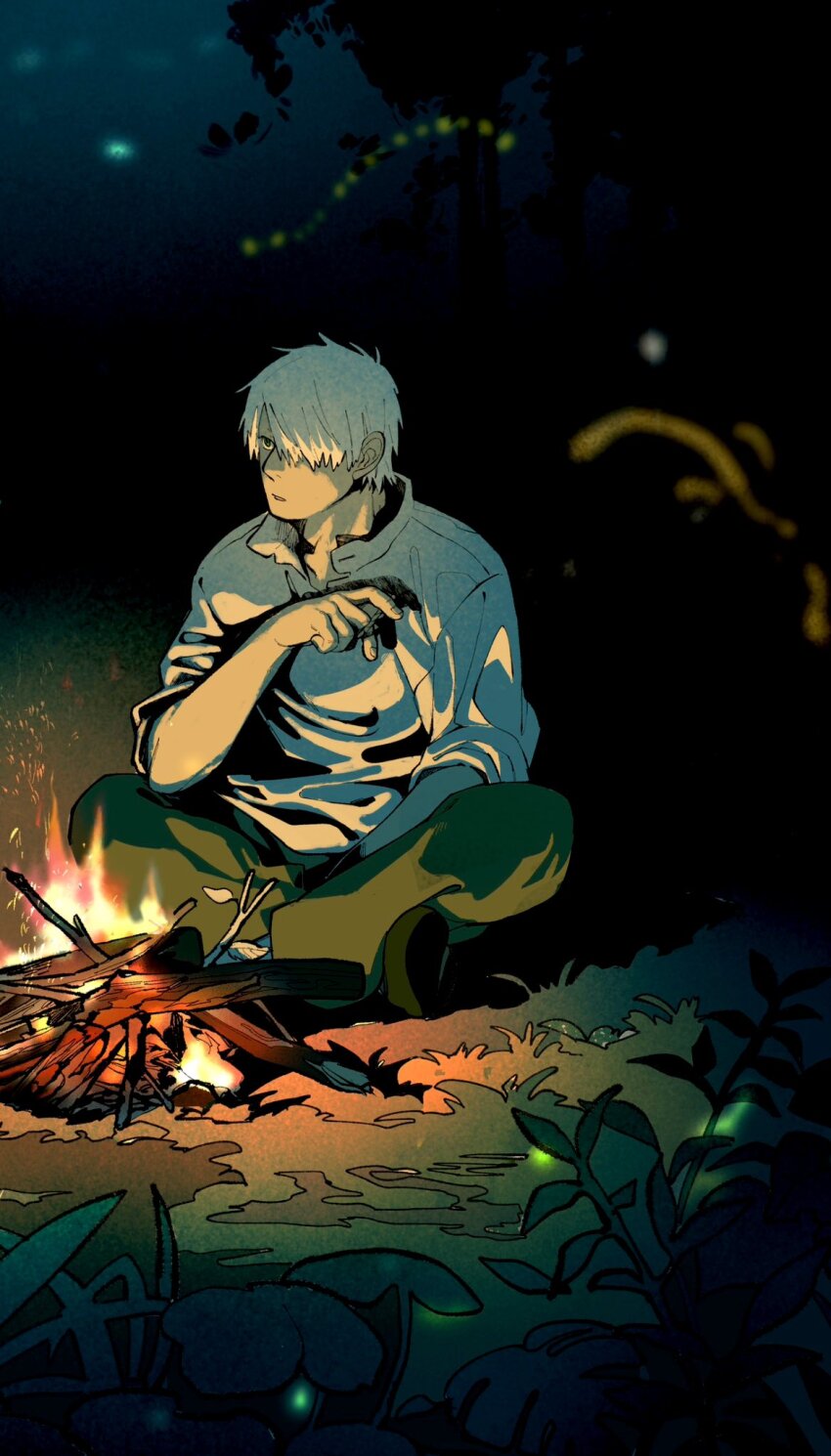 1boy, brown_pants, campfire, cigarette, crossed_legs, ginko_(mushishi), hair_over_one_eye, highres