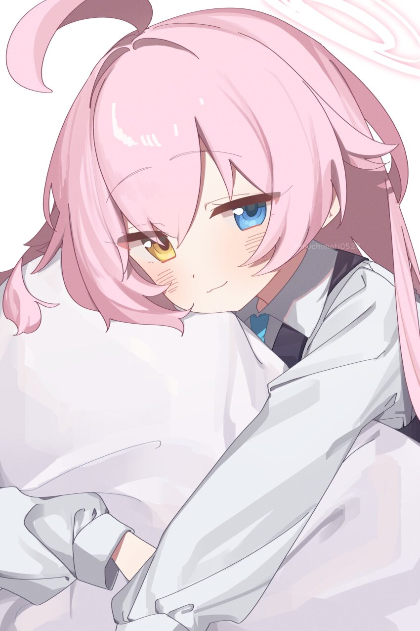 1girl, :3, ahoge, black_vest, blue_archive, blue_eyes, blue_necktie, closed_mouth