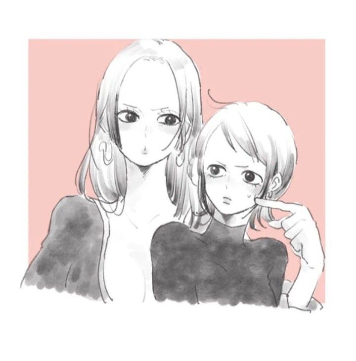2girls, :o, boa_hancock, breasts, canon_genderswap, cleavage, earrings, genderswap, genderswap_(mtf), large_breasts, long_hair, looking_at_another, multiple_girls, nanteiiyoru, one_piece, short_hair, snake_earrings, sweatdrop, trafalgar_law, turtleneck