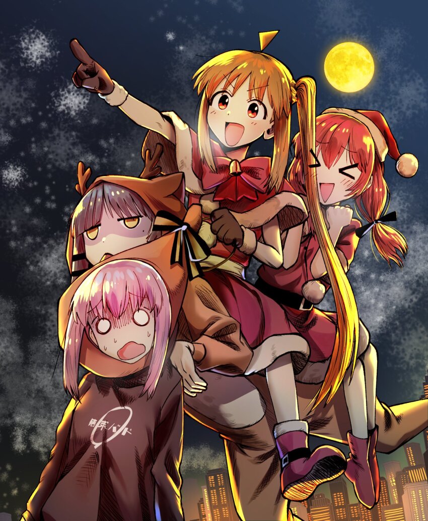 >_<, 4girls, :d, ahoge, animal_costume, black_hoodie, blonde_hair, blue_hair