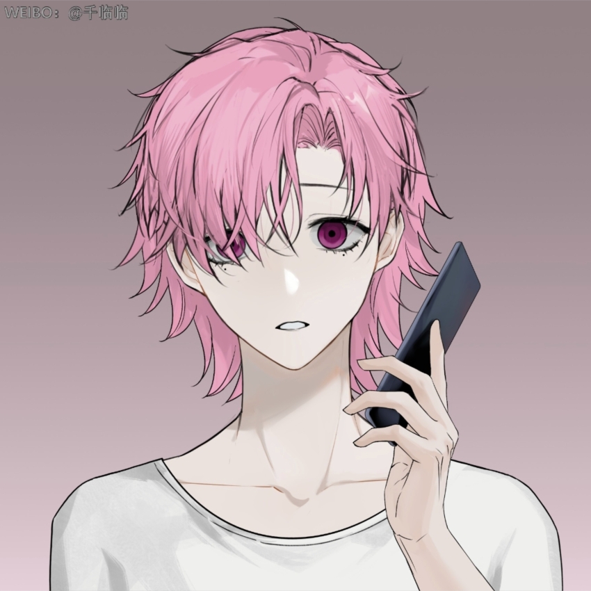 1boy, brown_background, cellphone, character_request, chinese_commentary, collarbone, commentary_request, empty_eyes