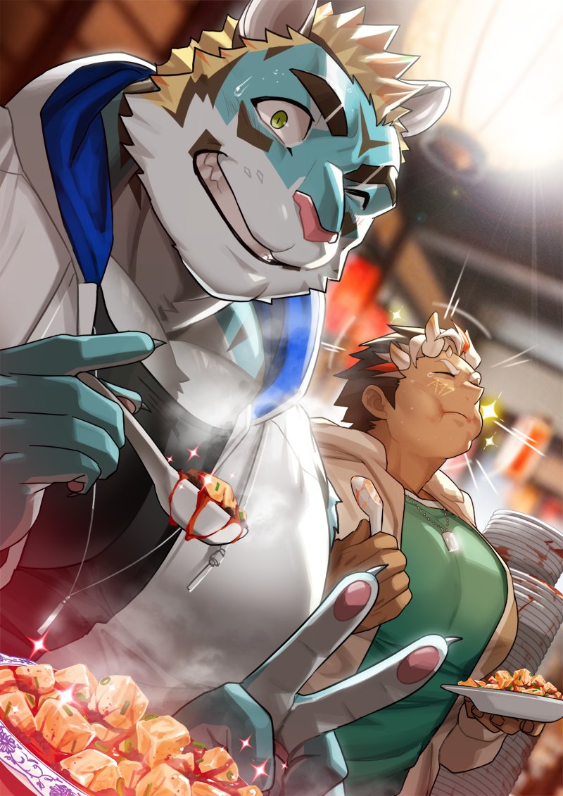 2boys, absol_(dkqthf), animal_ears, aqua_fur, bara, black_hair, black_shirt, blonde_hair