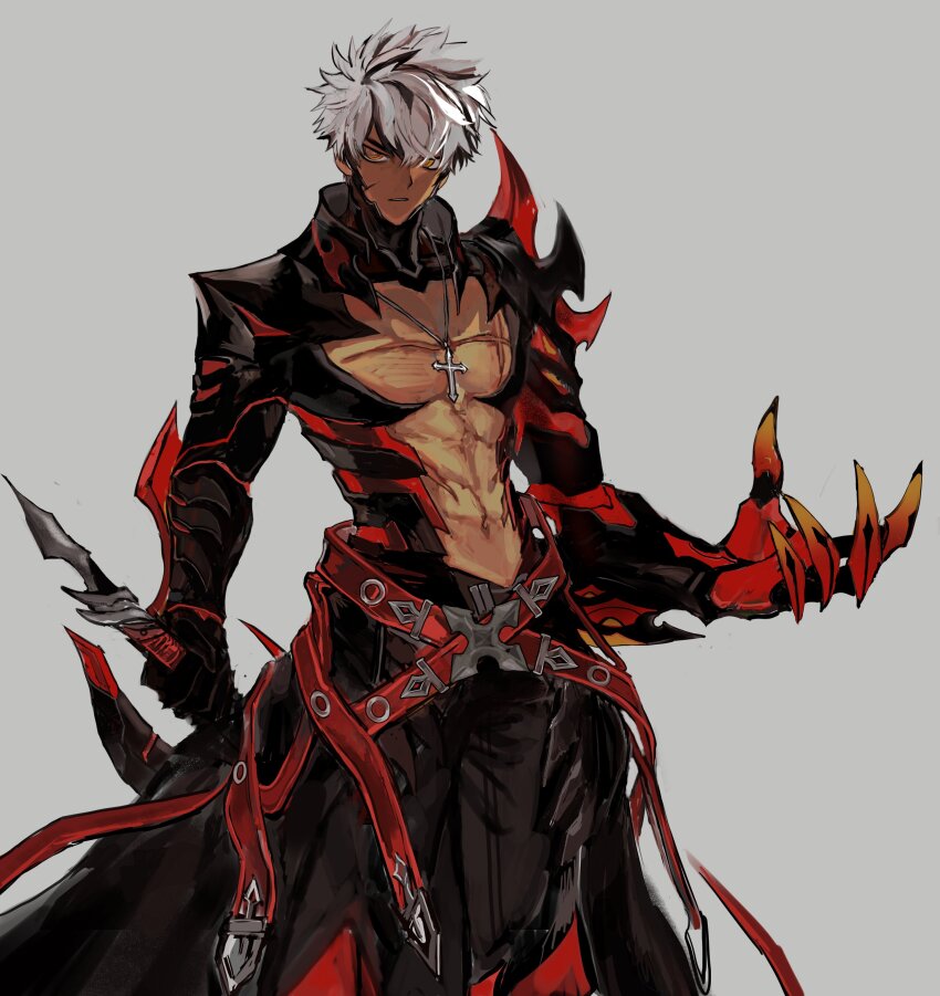1boy, abs, absurdres, armor, bare_pectorals, belt, black_hair, black_pants