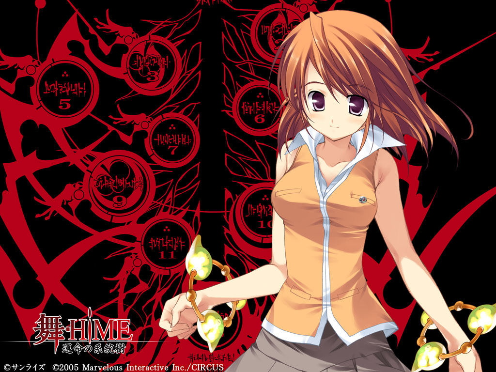 00s, 1girl, 2005, ahoge, bare_shoulders, black_eyes, bracelet, brown_skirt, circus_(studio), copyright_name, female_focus, floating_hair, jewelry, logo, looking_at_viewer, my-hime, official_art, official_wallpaper, orange_hair, orange_shirt, purple_eyes, school_uniform, serafuku, shirt, skirt, sleeveless, smile, solo, tokiha_mai, unmei_no_keitouju, vest, yaegashi_nan