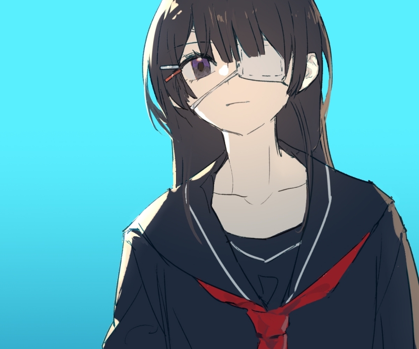 1girl, black_hair, black_sailor_collar, black_shirt, blue_background, closed_mouth, commentary_request, eyepatch
