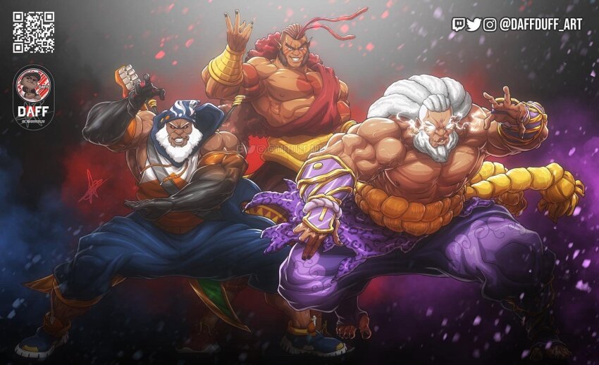 3boys, azrael_(obegainzmakerart_247), bara, barefoot, beanie, beard, blue_pants, body_markings