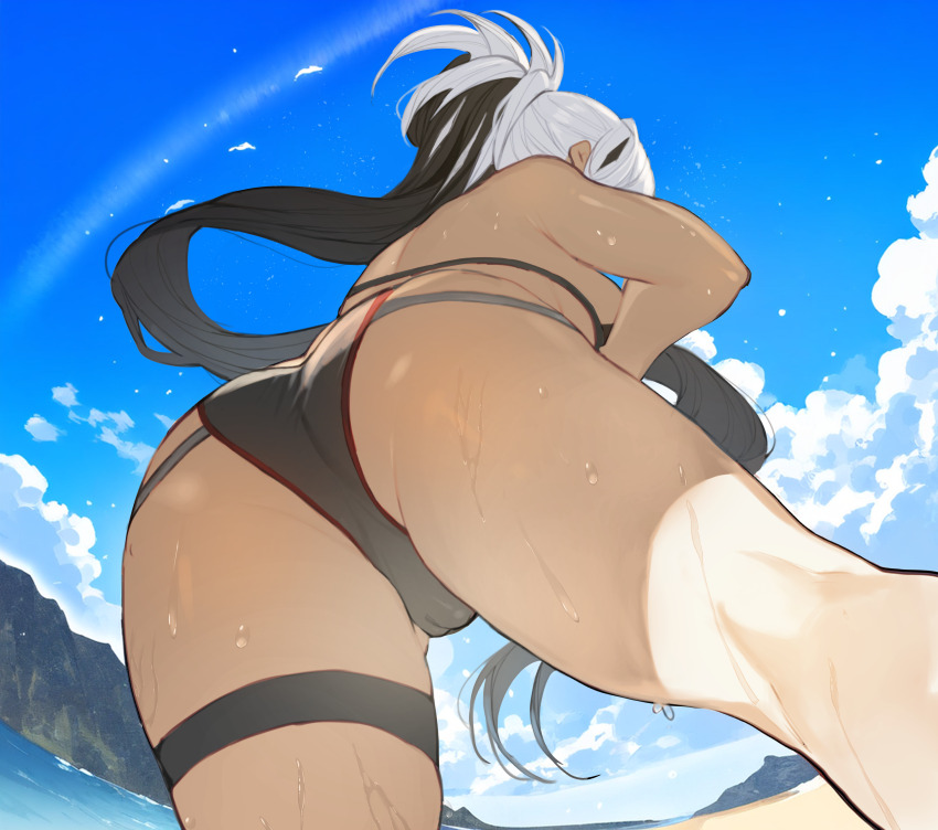 1girl, absurdres, ass, bare_shoulders, beach, bikini, black_hair, blue_sky, breasts, commission, fate/grand_order, fate_(series), highres, large_breasts, long_hair, nagao_kagetora_(fate), nyahpa20, pixiv_commission, ponytail, sky, solo, swimsuit, thighs, uesugi_kenshin_(first_ascension)_(fate), wet, white_hair