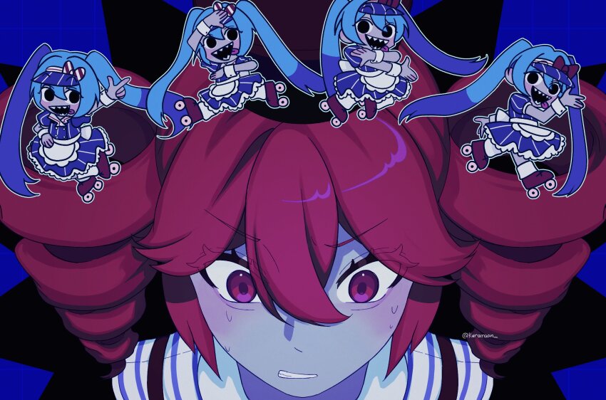 2girls, black_eyes, black_mouth, blue_dress, blue_hair, dress, drill_hair, gloves