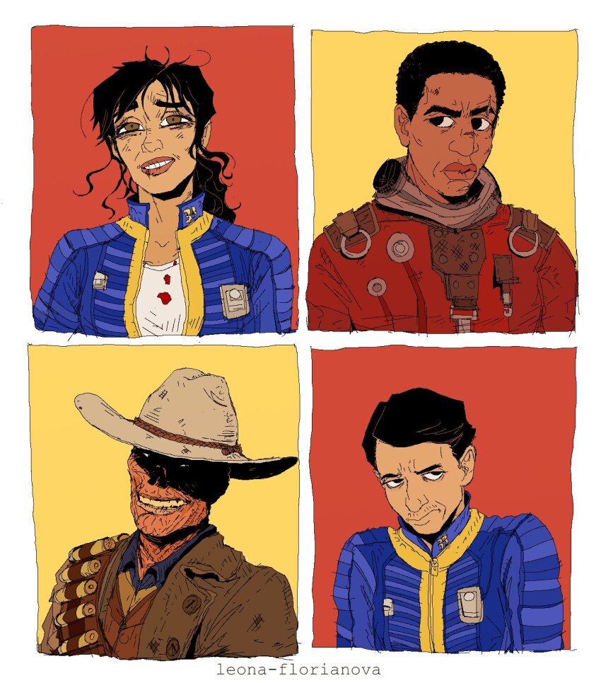 1girl, 3boys, black_eyes, black_hair, blue_jumpsuit, brown_hat, brown_jacket, character_request, the_ghoul_(fallout_tv_series), cowboy_hat, fallout_(prime_video), fallout, hat, highres, jacket, jumpsuit, leona-florianova, long_hair, looking_at_viewer, lucy_maclean, maximus_(fallout), multiple_boys, multiple_pov, ponytail, pov, shirt, short_hair, smile