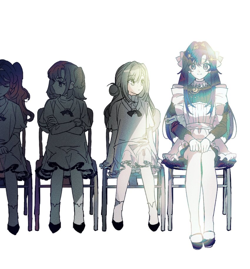 24heeju, 4girls, aged_down, apron, black_footwear, black_neckerchief, black_shirt, bow, chair, frilled_apron, frills, grey_eyes, grey_hair, hair_bow, hair_bun, hands_on_lap, highres, legs_together, long_hair, long_sleeves, looking_at_another, looking_at_viewer, matilda_(reverse:1999), miniskirt, multiple_girls, neckerchief, one_side_up, orange_hair, own_hands_together, pantyhose, pleated_skirt, reverse:1999, school_uniform, shirt, shoes, side-by-side, simple_background, single_side_bun, sitting, skirt, socks, sonetto_(reverse:1999), straight-on, sweater, vertin_(reverse:1999), voyager_(reverse:1999), white_apron, white_background, white_bow, white_pantyhose, white_shirt, white_skirt, white_socks, white_sweater