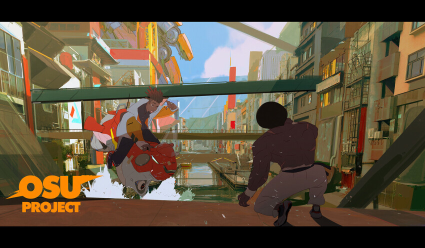 2boys, afro, bara, belt, black_belt, black_footwear, black_hair, black_pants, black_shirt, braid, brown_hair, city, dark-skinned_male, dark_skin, futuristic_bike, highres, jacket, jay_(rocketboiart), kneeling, malcolm_(rocketboiart), multicolored_city, multiple_boys, multiple_scars, muscular, muscular_male, original, pants, scar, shirt, sitting, very_dark_skin, water, white_pants, yellow_jacket