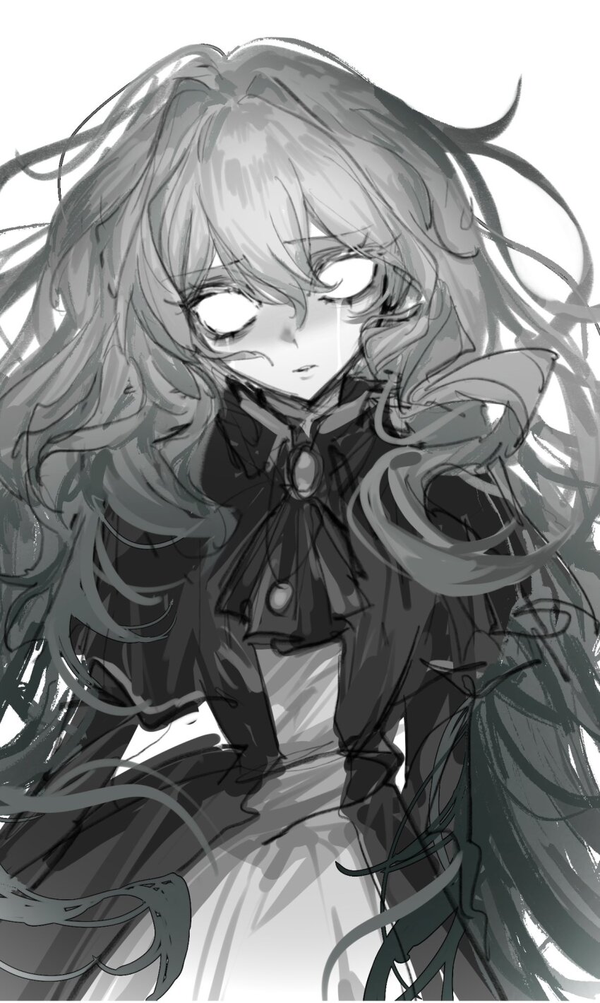 1girl, ascot, black_dress, catherine_(project_moon), colored_skin, commentary, crying, crying_with_eyes_open, curly_hair, dress, empty_eyes, english_commentary, every_catherine_(project_moon), floating_hair, frilled_dress, frilled_sleeves, frills, grey_hair, greyscale, hair_between_eyes, highres, limbus_company, long_hair, messy_hair, misayuri17, monochrome, parted_lips, project_moon, solo, spoilers, tears, upper_body, white_background, white_skin