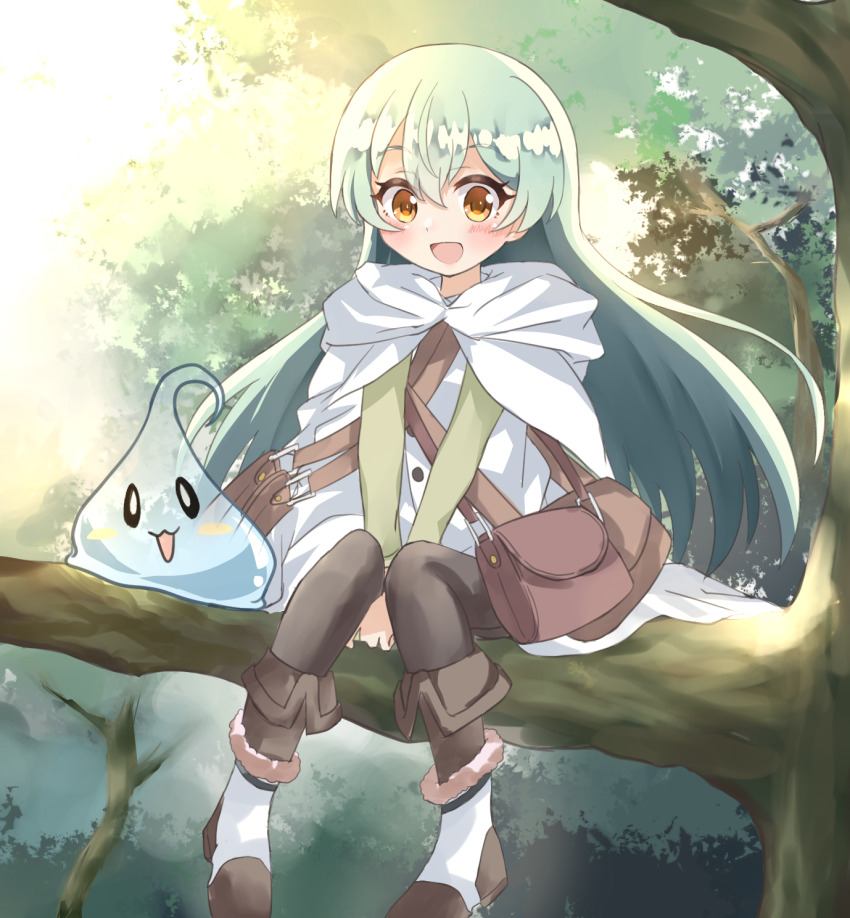 1girl, :d, bag, between_legs, boots, cape, day, green_hair