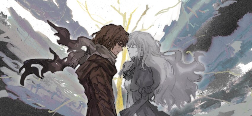 1boy, 1girl, absurdres, ascot, breasts, brown_coat, brown_hair, catherine_(project_moon)