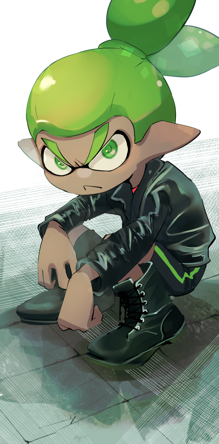 1boy, :<, black_boots, black_jacket, black_shorts, boots, closed_mouth, dark-skinned_male