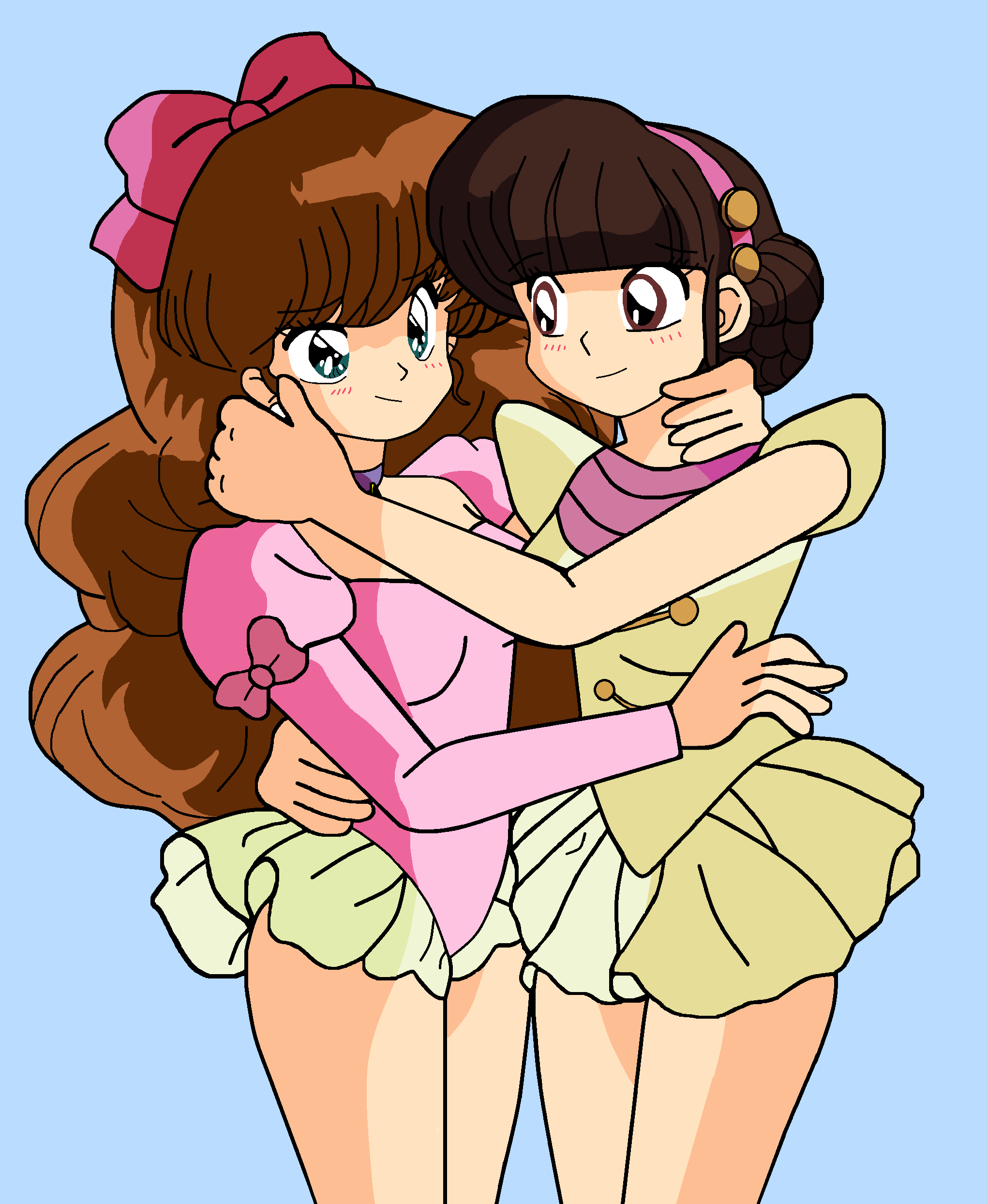 2girls, absurdres, black_hair, blue_background, bow, brown_eyes, brown_hair, cowboy_shot