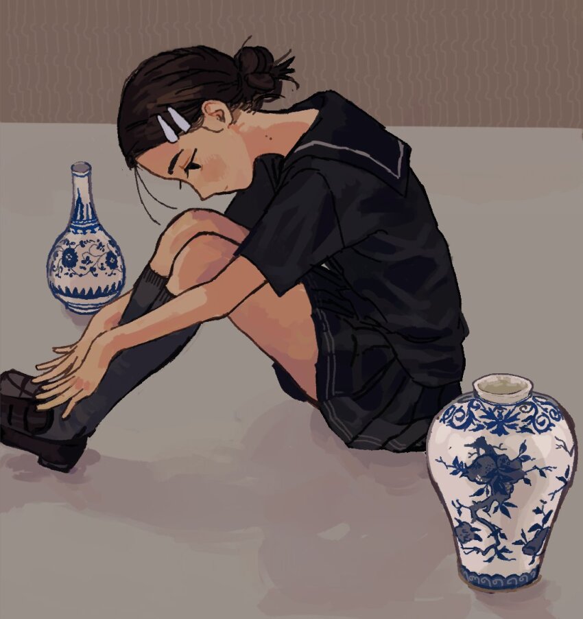 1girl, brown_hair, dark-skinned_female, dark_skin, expressionless, hair_bun, io_(onisarashi), loafers