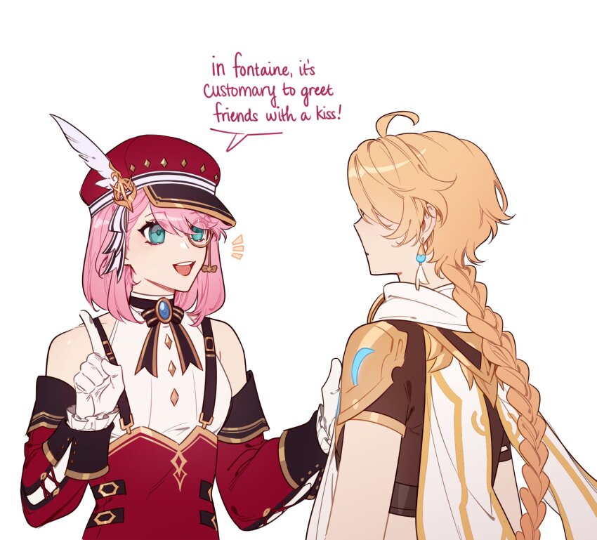 1boy, 1girl, adjusting_monocle, aether_(genshin_impact), ahoge, armor, back, bare_shoulders