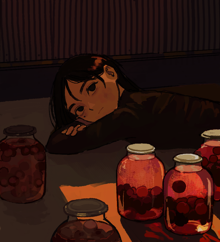 1girl, apricot_(fruit), black_hair, io_(onisarashi), jar, light_frown, long_sleeves, looking_to_the_side