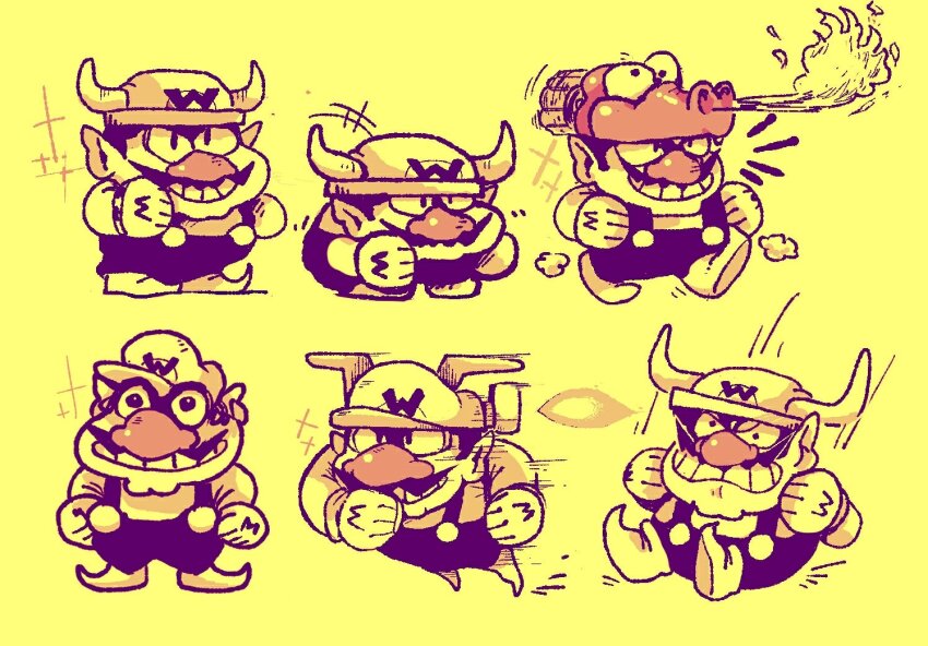 1boy, animal_hat, large_nose, bull_wario, cleft_chin, dragon_wario_(wario_land), facial_hair, fake_horns, fire, gloves, grin, hat, helmet, horned_helmet, horns, jet_wario, mangoso, multiple_views, mustache, nintendo, overalls, shirt, simple_background, smile, wario, wario_land, wario_land:_super_mario_land_3, yellow_background