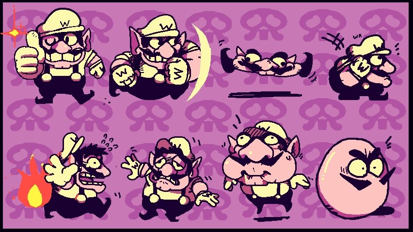 1boy, black_overalls, cleft_chin, crazy_wario, facial_hair, flaming_wario, flat_wario, gloves