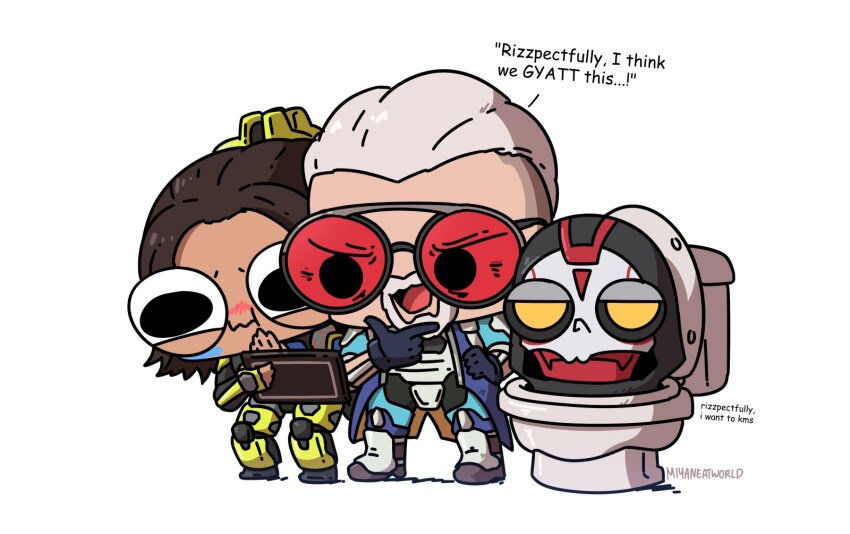 1girl, 2boys, annoyed, apex_legends, artist_name, ballistic_(apex_legends), black_eyes, black_sclera