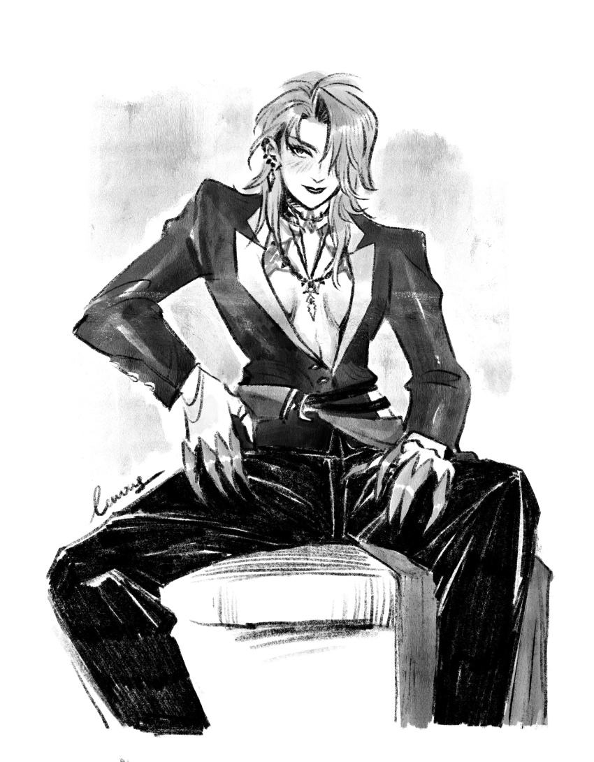 1girl, absurdres, breasts, chest_tattoo, claws, cleavage, commentary, ear_piercing