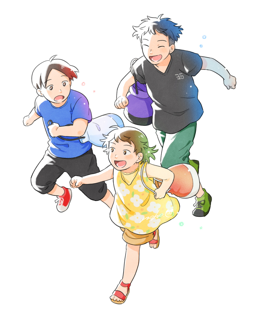 1girl, 2boys, :d, bag, black_hair, black_shirt, black_shorts, blue_shirt, brown_hair, brown_shorts, child, closed_eyes, dress, green_footwear, highres, matsuri6373, multiple_boys, ooishi_takumi, open_mouth, red_footwear, running, sandals, sano_ryou, shirt, shoes, shorts, simple_background, smile, sneakers, sugimoto_mutsumi, t-shirt, tonari_no_youkai-san, white_background, yellow_dress