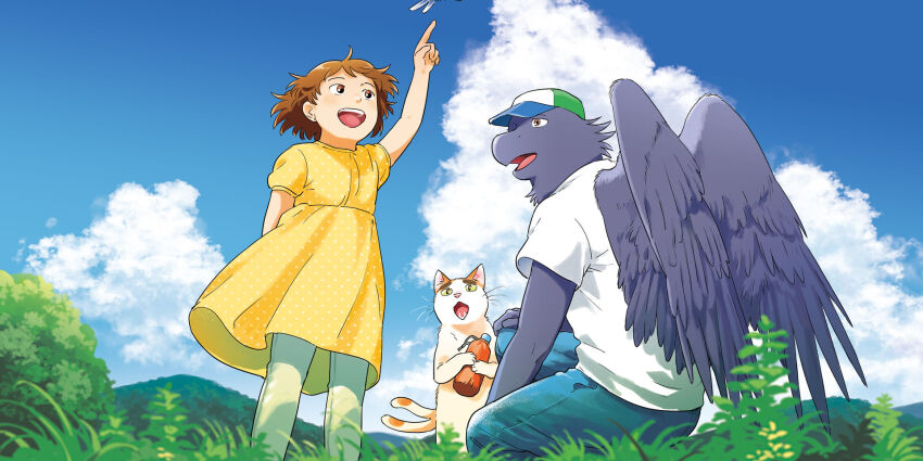 1girl, 2boys, :o, bad_link, baseball_cap, black_wings, brown_eyes, brown_hair